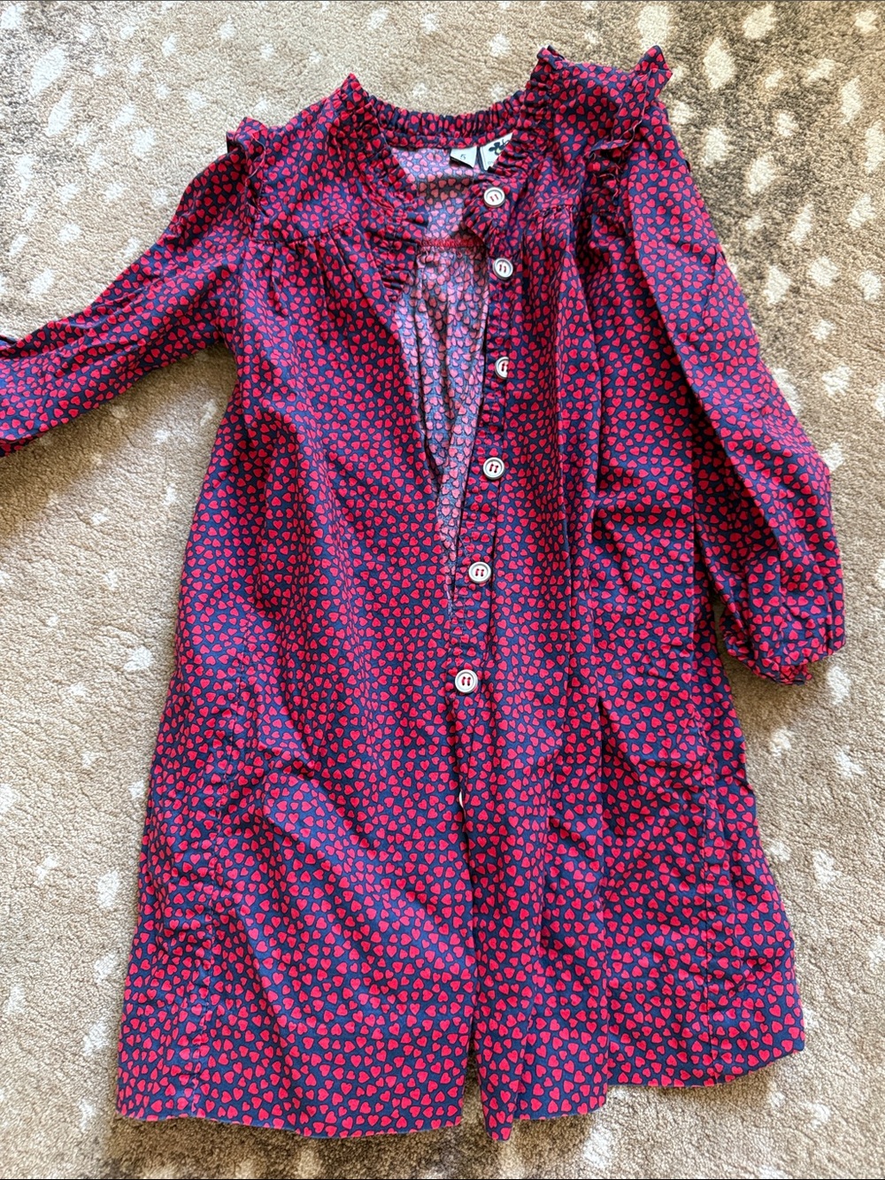 Ruffled Yoke Heart Print Dress in Navy & Red